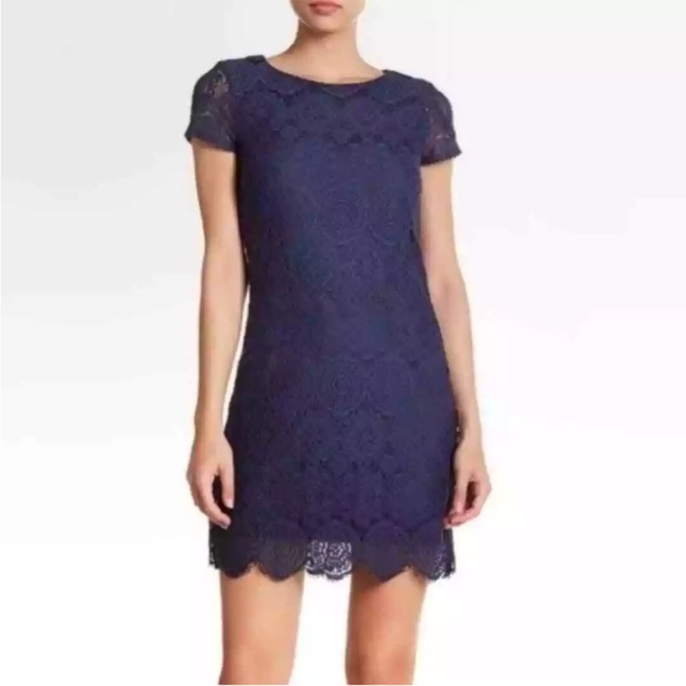 Laundry by Shelli Segal Navy Blue Lace Short Sleeve Formal Cocktail Dress